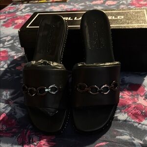 Black Slide Sandals with Chain Detail